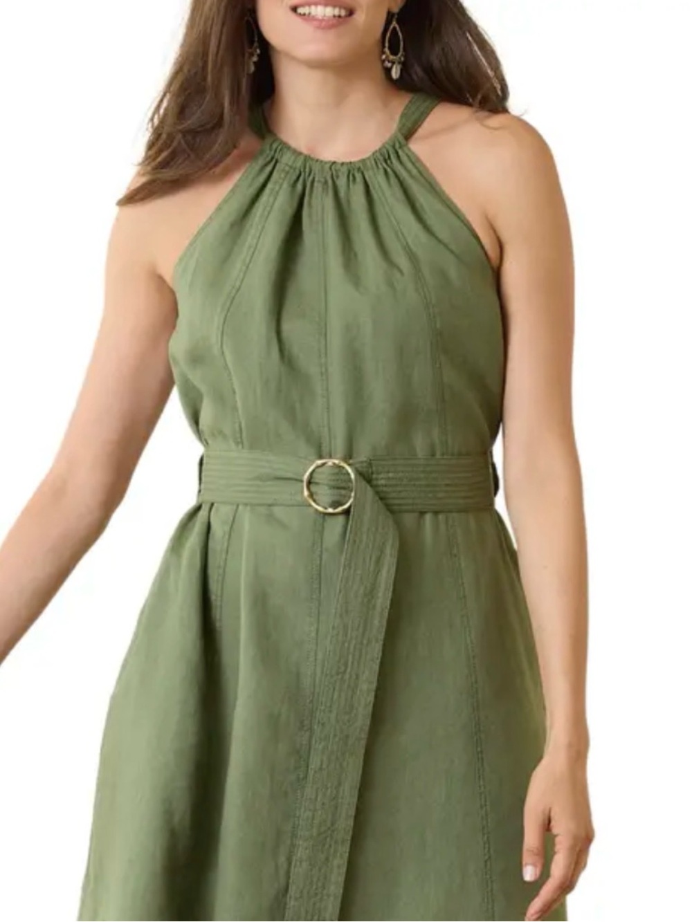 Tommy Bahama 100% Linen Dress Sleeveless Waist Belted Olive Green Size XS